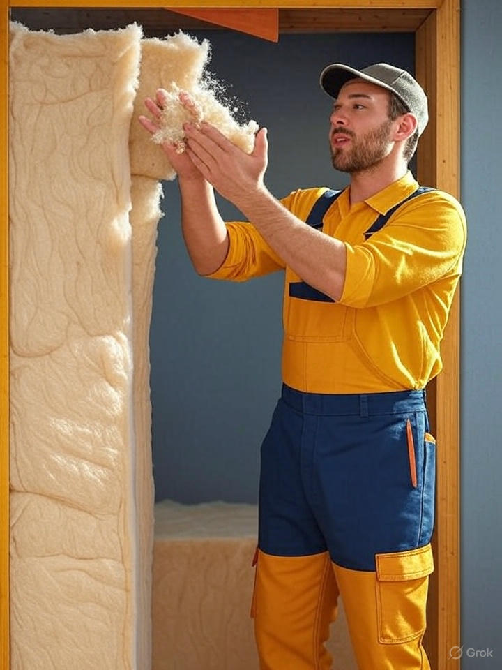 Blown-in cellulose in wall cavity